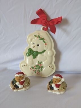 Lenox Holiday Teddy Bear Cookie Press Mold & Sledding Bears Figurines Set